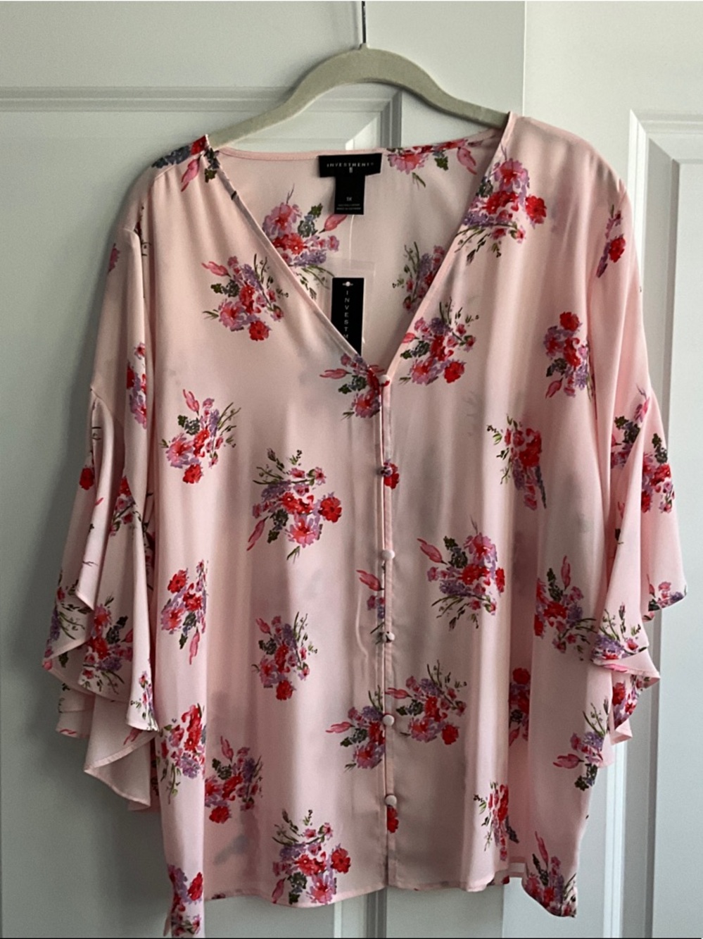 Investments Pink Floral Button-Down V-Neck Blouse